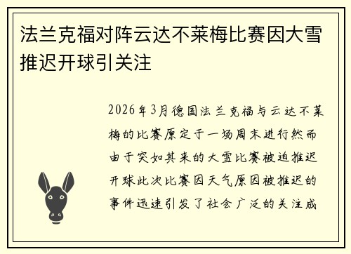 法兰克福对阵云达不莱梅比赛因大雪推迟开球引关注 法兰克福对阵云达不莱梅比赛因大雪推迟开球引关注